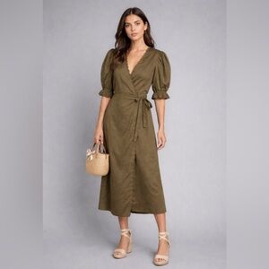 Coach Midi Dress Women’s 4 Eyelet Wrap Milkmaid Cottage Pockets Olive FF